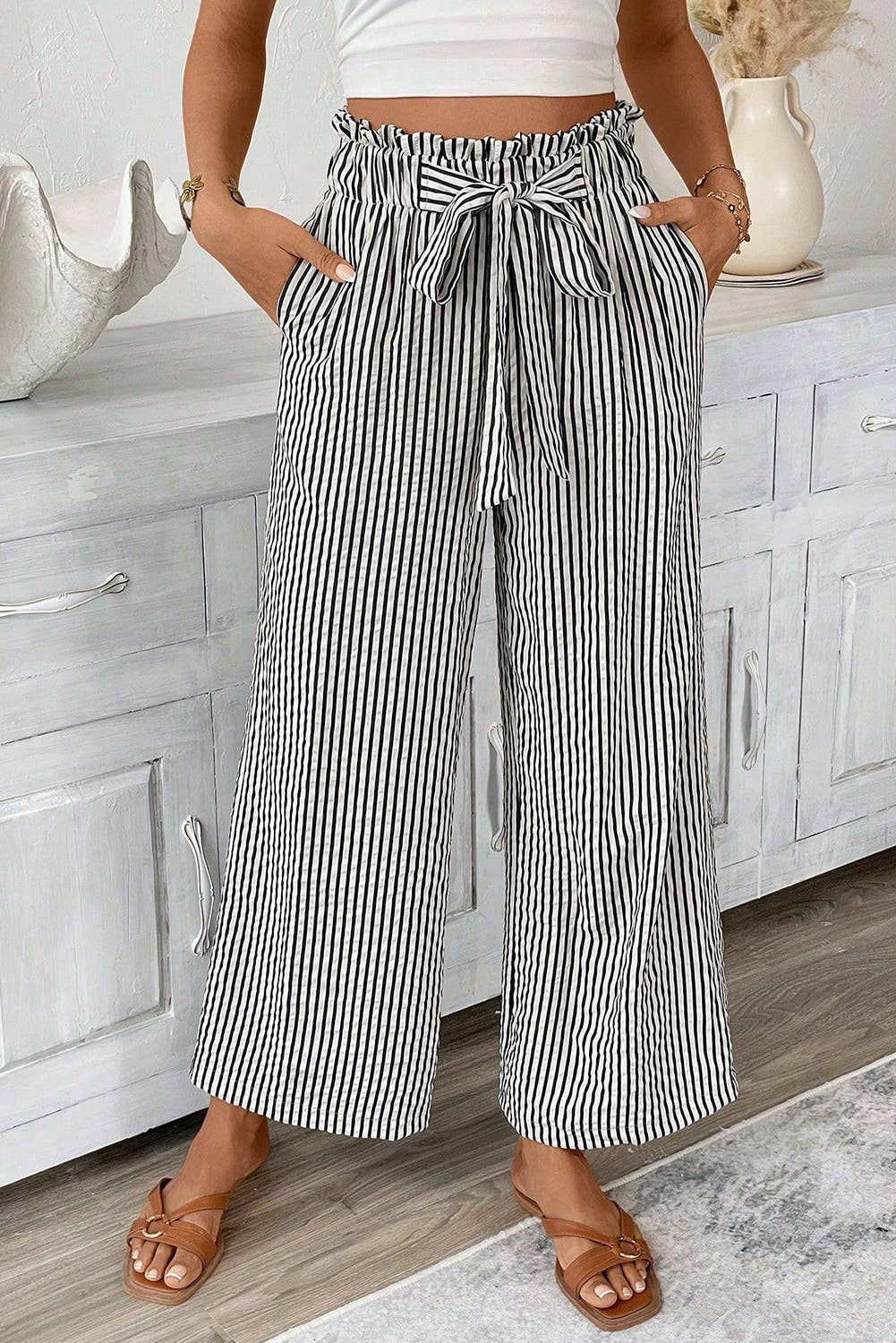 Women’s Striped Tie Waist Wide Leg Pants