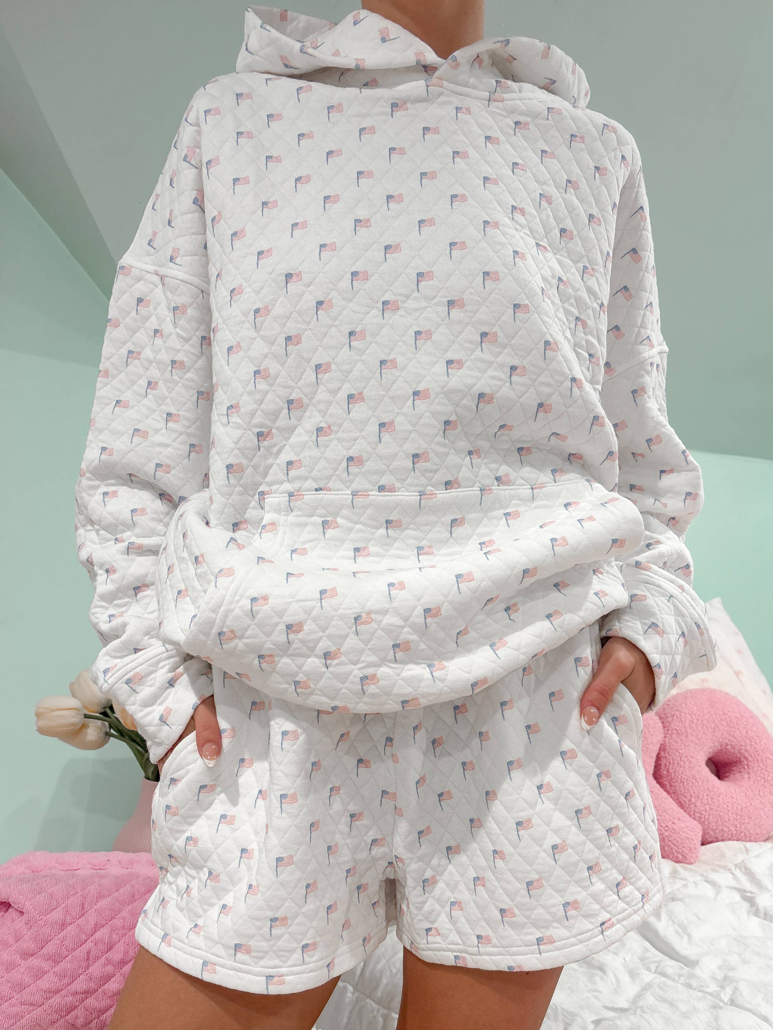 American Flag Quilted Hoodie & Shorts SET