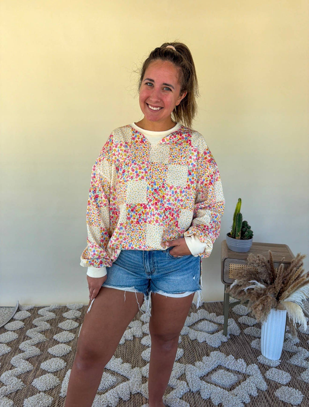 Women’s Floral Patchwork Quilted Crewneck Sweater