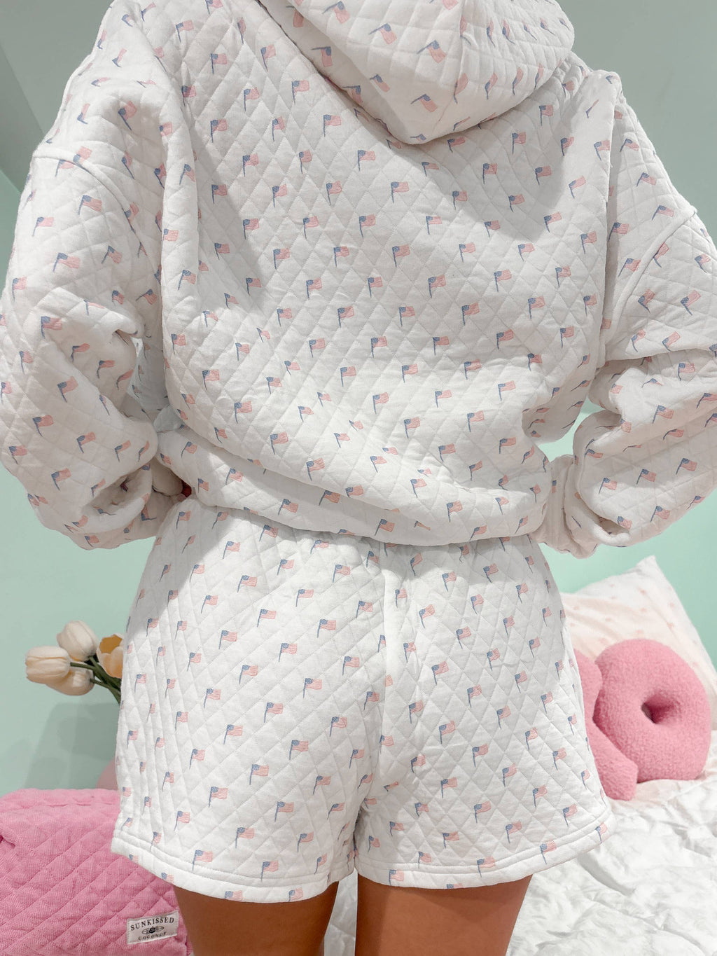 American Flag Quilted Hoodie & Shorts SET