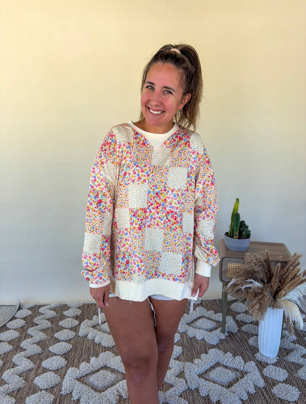 Women’s Floral Patchwork Quilted Crewneck Sweater