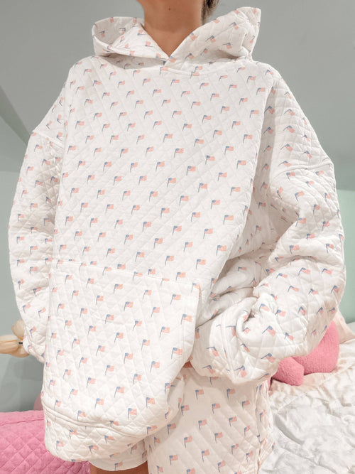 American Flag Quilted Hoodie & Shorts SET