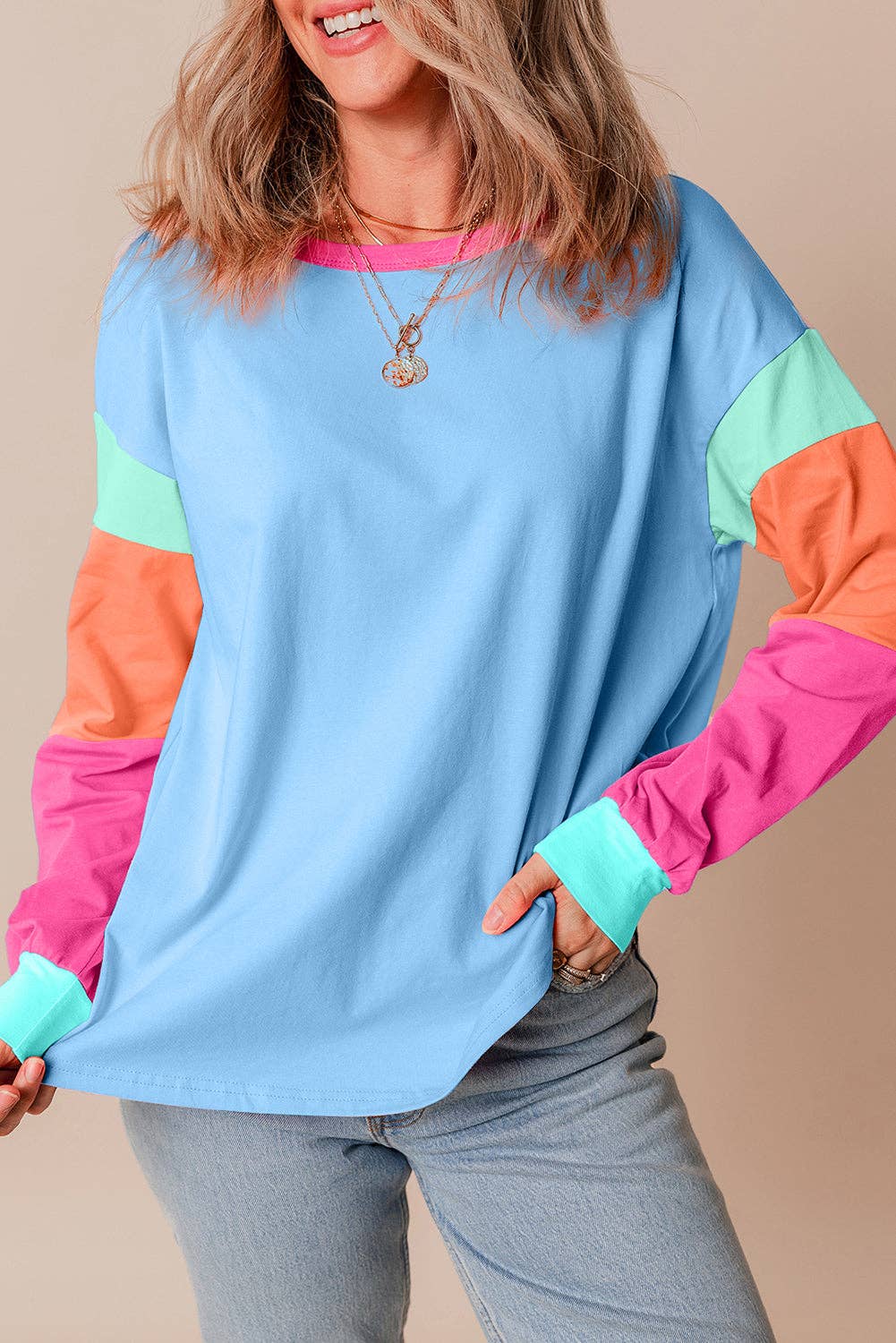 Women’s Pastel Color block Long Sleeve Top